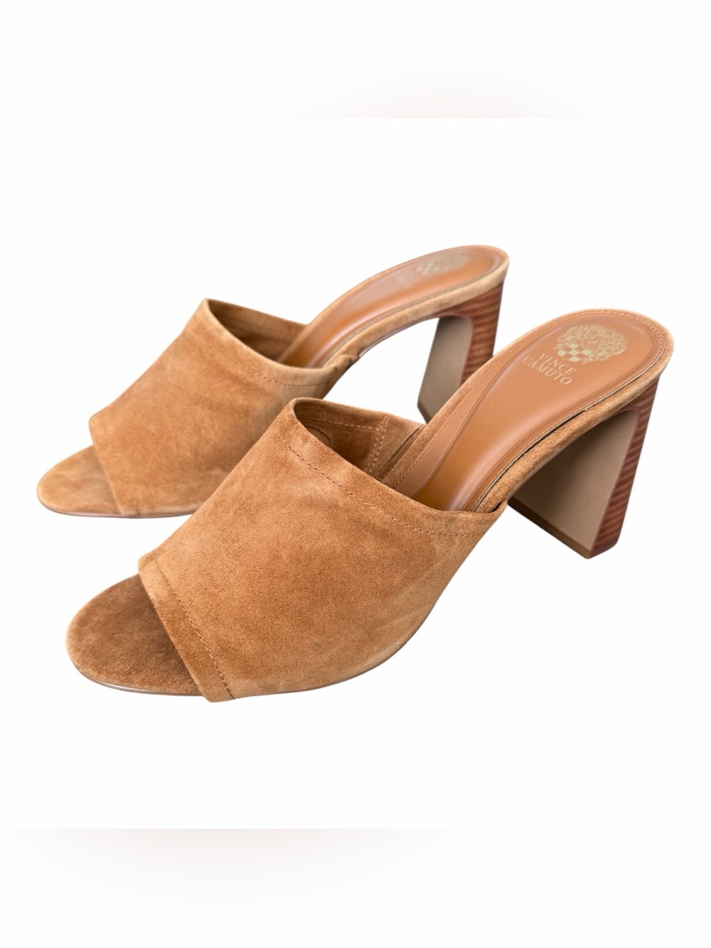 Vince Camuto Suede Tan Open-Toe Block Heel Mules